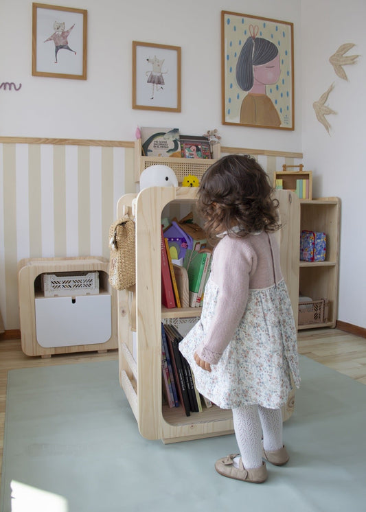 Librero, Giratorio Join, montessori, evolutiva, dormitorio, home, decoración, habitación, moderno, minimalista, niñas, niños, muebles infantiles, decorar, funcional, vintage, elegante, baby, infantil, librero organizador, multiuso, zona para leer, estudiar, madera, 2 niveles, madera.