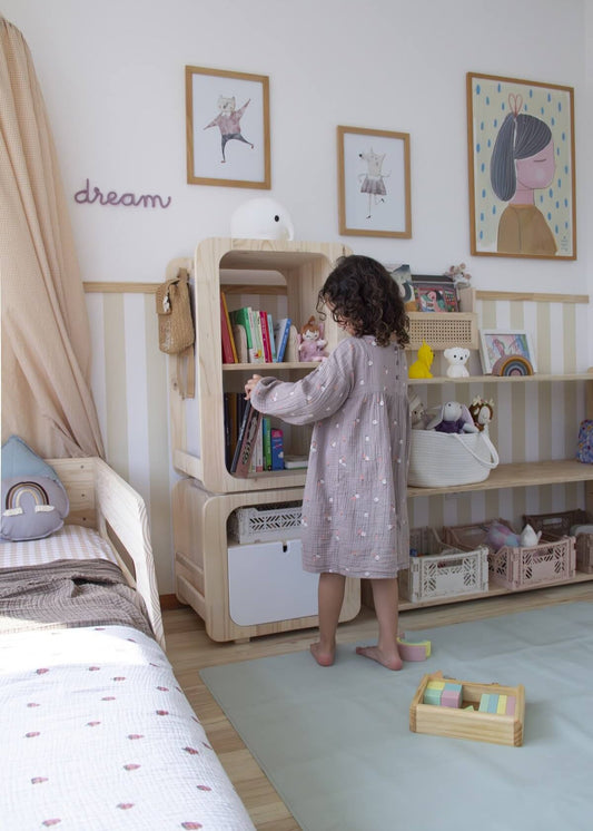 Librero, Giratorio Join, montessori, evolutiva, dormitorio, home, decoración, habitación, moderno, minimalista, niñas, niños, muebles infantiles, decorar, funcional, vintage, elegante, baby, infantil, librero organizador, multiuso, zona para leer, estudiar, madera, 2 niveles, madera.