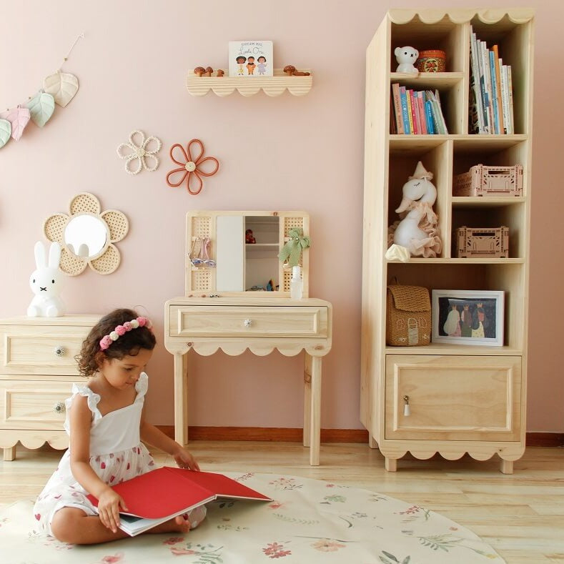 Estante, madera, Scalloped, dormitorio, home, decoración, habitación, moderno, minimalista, niñas, niños, muebles infantiles, decorar, funcional, vintage, elegante, baby, organizador de juguetero, infantil,cajones.
