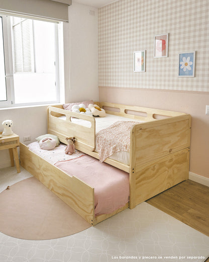 cama Mia, 1 plaza, 1.5 plazas, muebles infantiles, colección exclusiva, montessori,  sostenibilidad, niños, niñas, madera, evolutivas, ecológicas, ambiente, somos verde, minimalista, dormitorio; decoración, hogar, moderna, barnizadas, sencillez. seguridad, delicadeza, ternura.