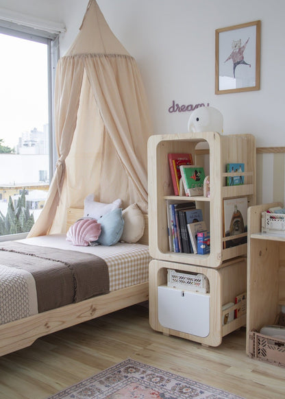 Librero, Giratorio Join, montessori, evolutiva, dormitorio, home, decoración, habitación, moderno, minimalista, niñas, niños, muebles infantiles, decorar, funcional, vintage, elegante, baby, infantil, librero organizador, multiuso, zona para leer, estudiar, madera, 2 niveles, madera.
