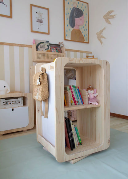 Librero, Giratorio Join, montessori, evolutiva, dormitorio, home, decoración, habitación, moderno, minimalista, niñas, niños, muebles infantiles, decorar, funcional, vintage, elegante, baby, infantil, librero organizador, multiuso, zona para leer, estudiar, madera, 2 niveles, madera.