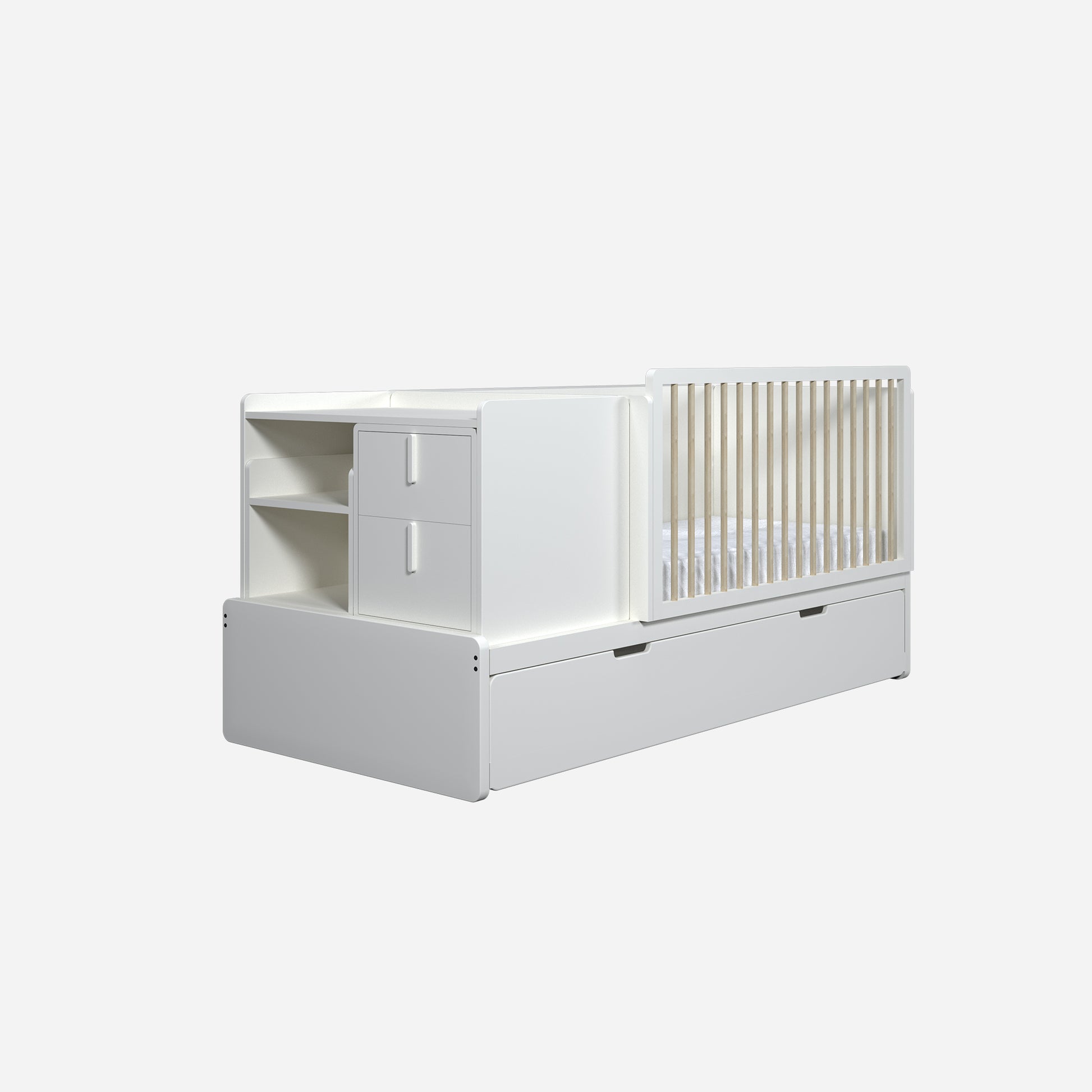 Cama cuna convertible Montessori de madera en color alabastro y barandas naturales de la Colección Alma de Little Design. Mueble multifuncional para bebé que incluye cuna, cómoda integrada con cajones y repisas.