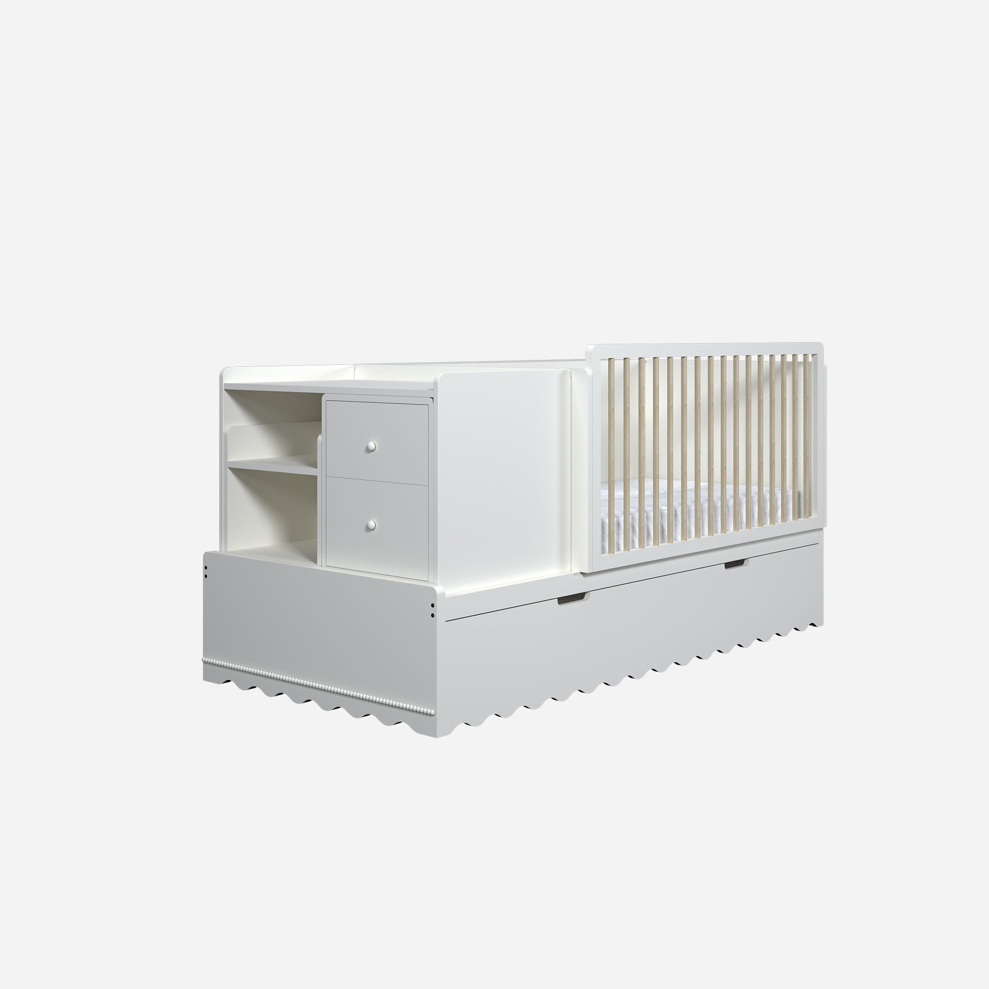 Cama cuna de madera en color blanco alabastro y barandas naturales de la Colección Alma de Little Design. Mueble multifuncional para bebé que incluye cuna, cómoda integrada con cajones y repisas.