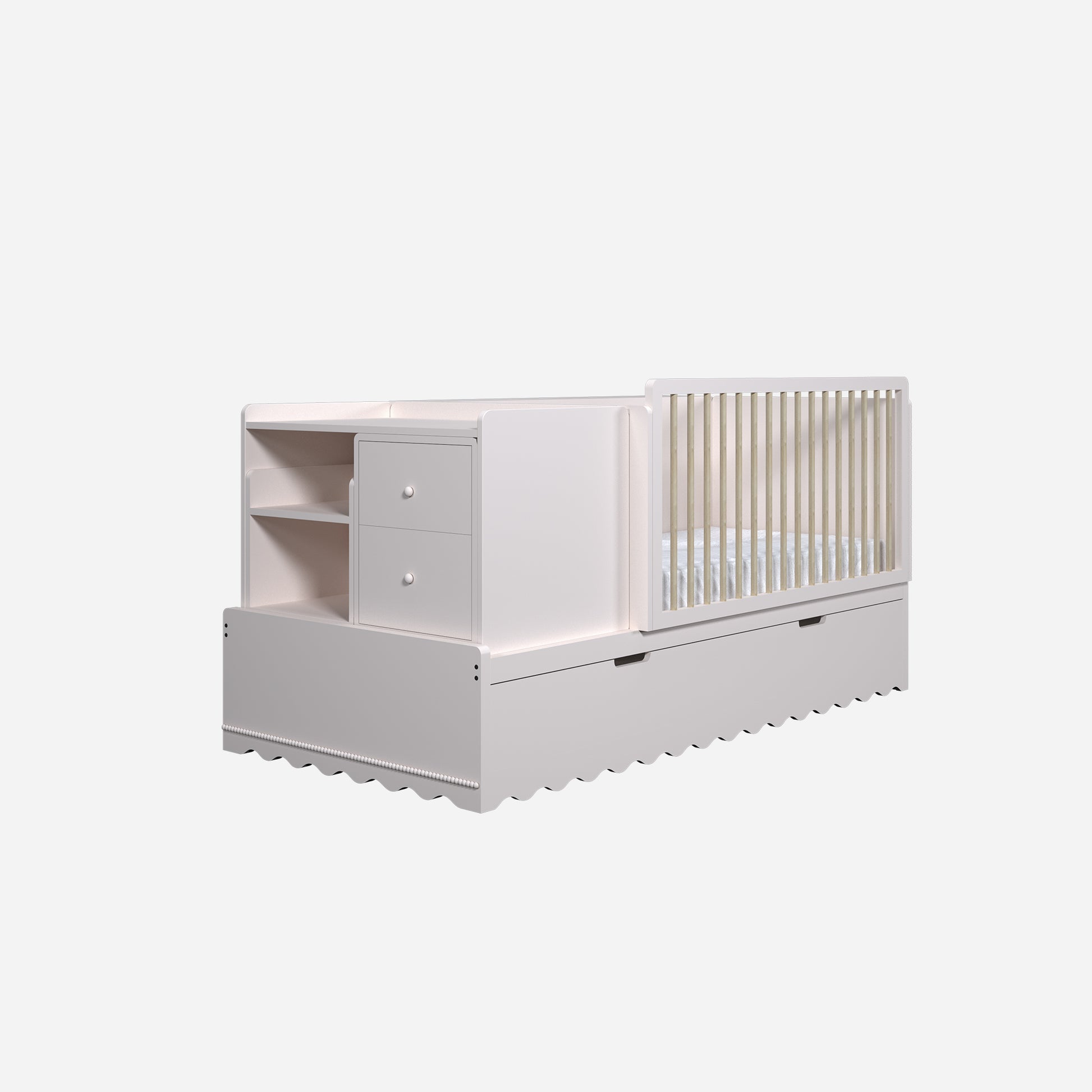 Cuna cama convertible con cómoda y cambiador de pañales en color rosada.