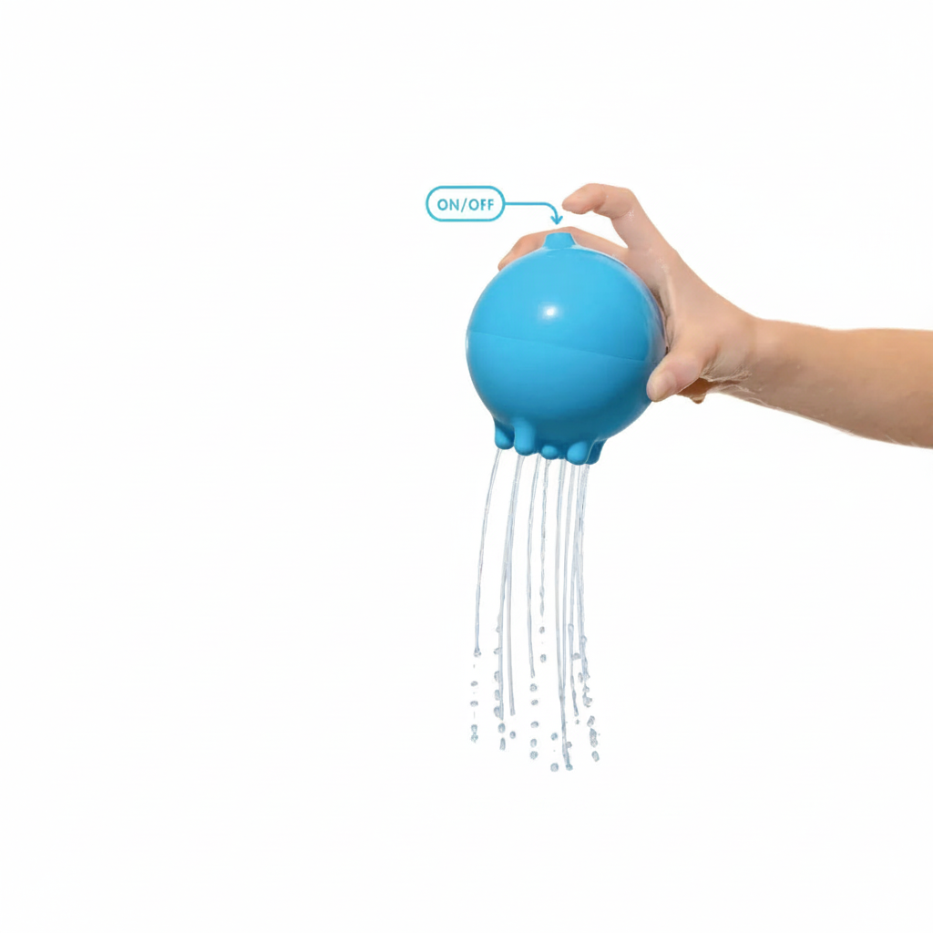 Juguete de baño Plui azul - mano sosteniendo el juguete con agua cayendo