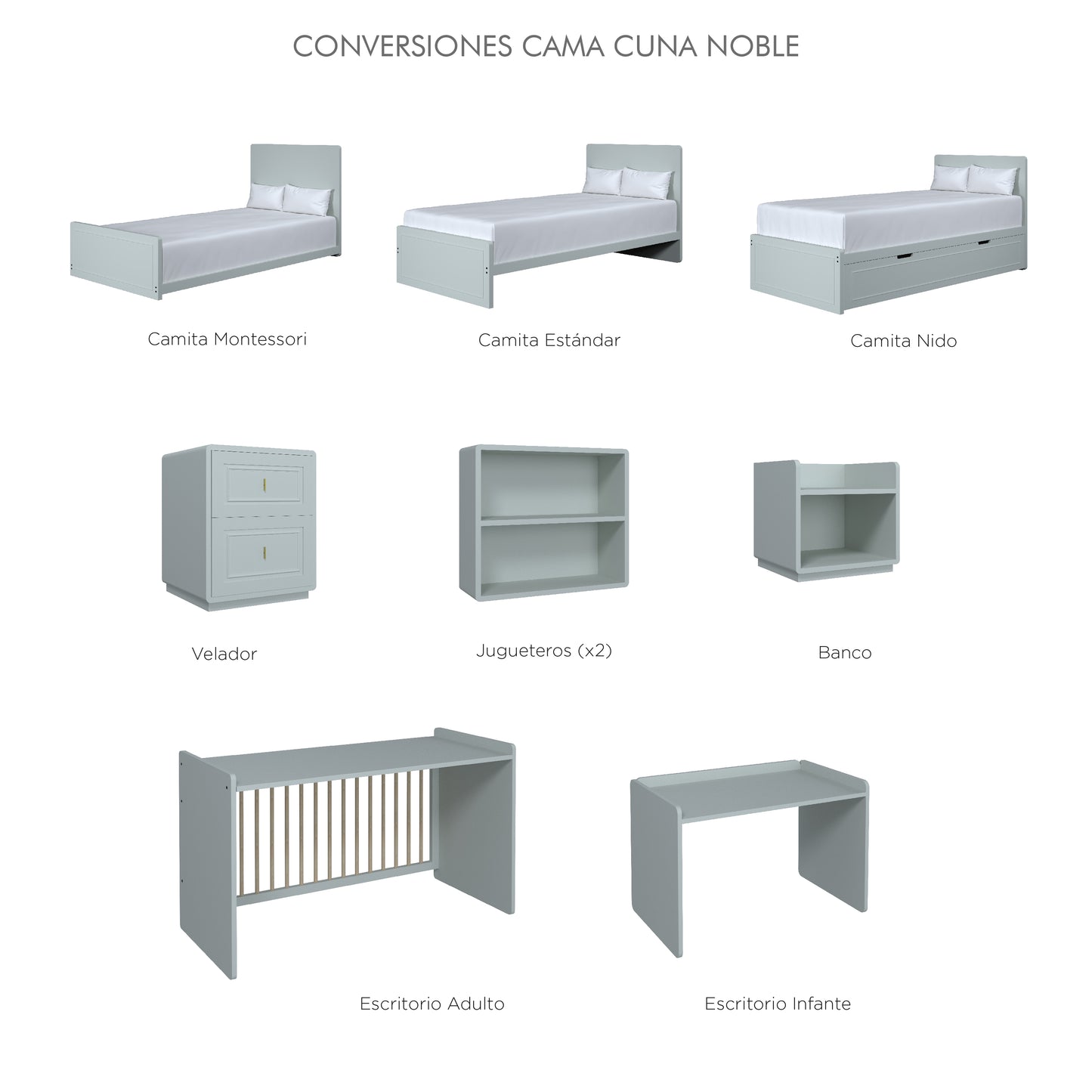 Gráfico técnico de las transformaciones del sistema de cama cuna 10 en 1 Alma.