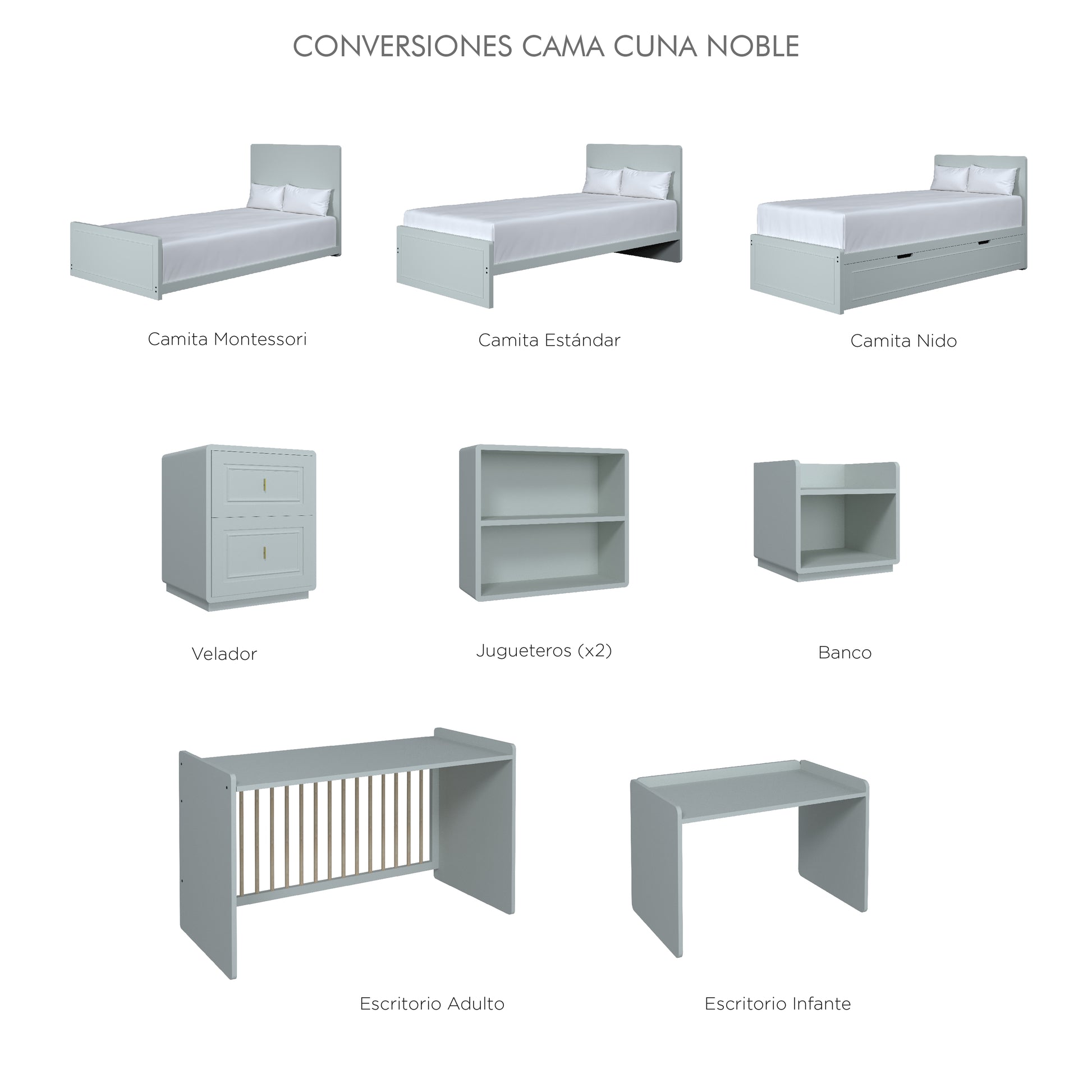 Gráfico técnico de las transformaciones del sistema de cama cuna 10 en 1 Alma.