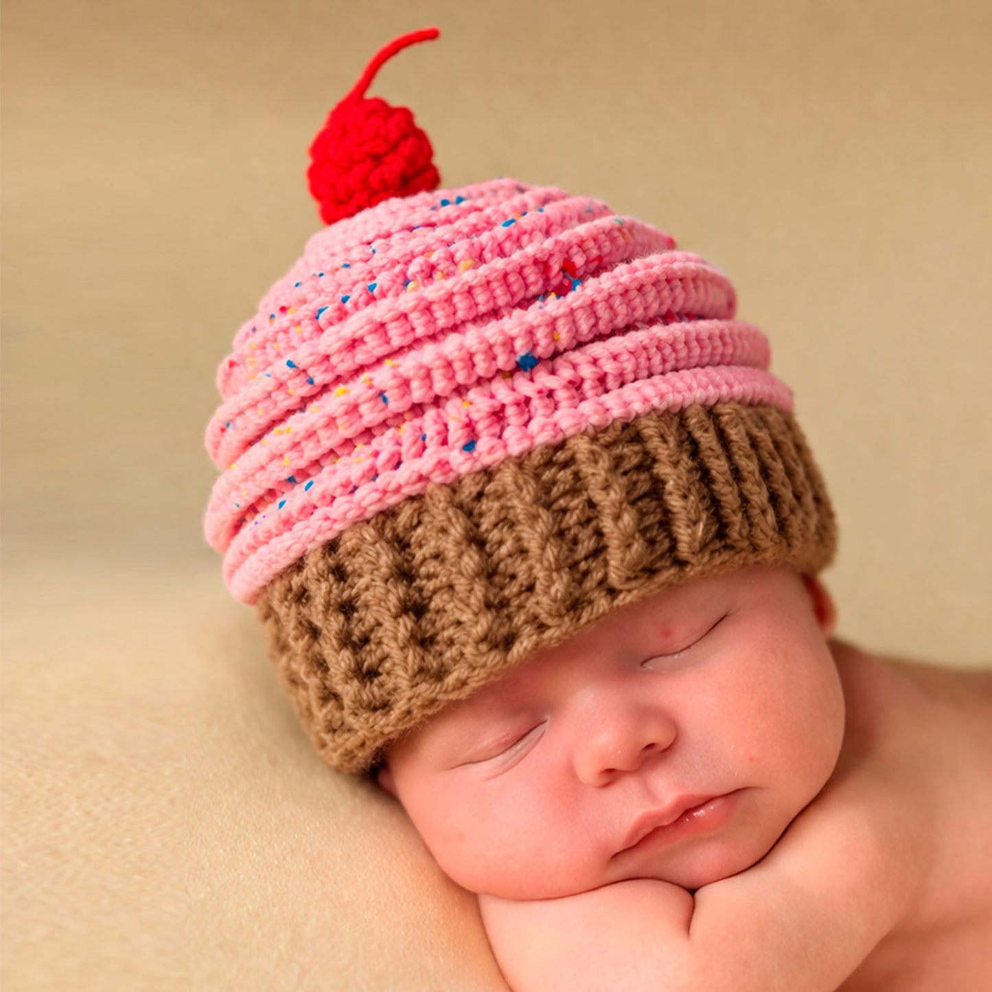 Gorro Cupcake Chispas Rosa Con Borde Beige